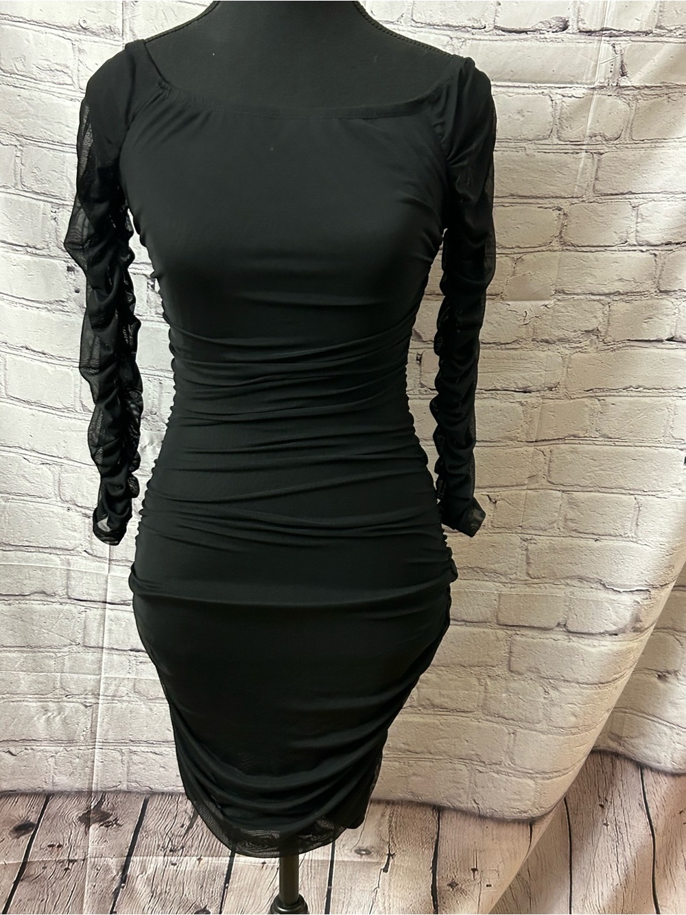Papermoon Black Ruched Mesh Sleeve Mini Dress